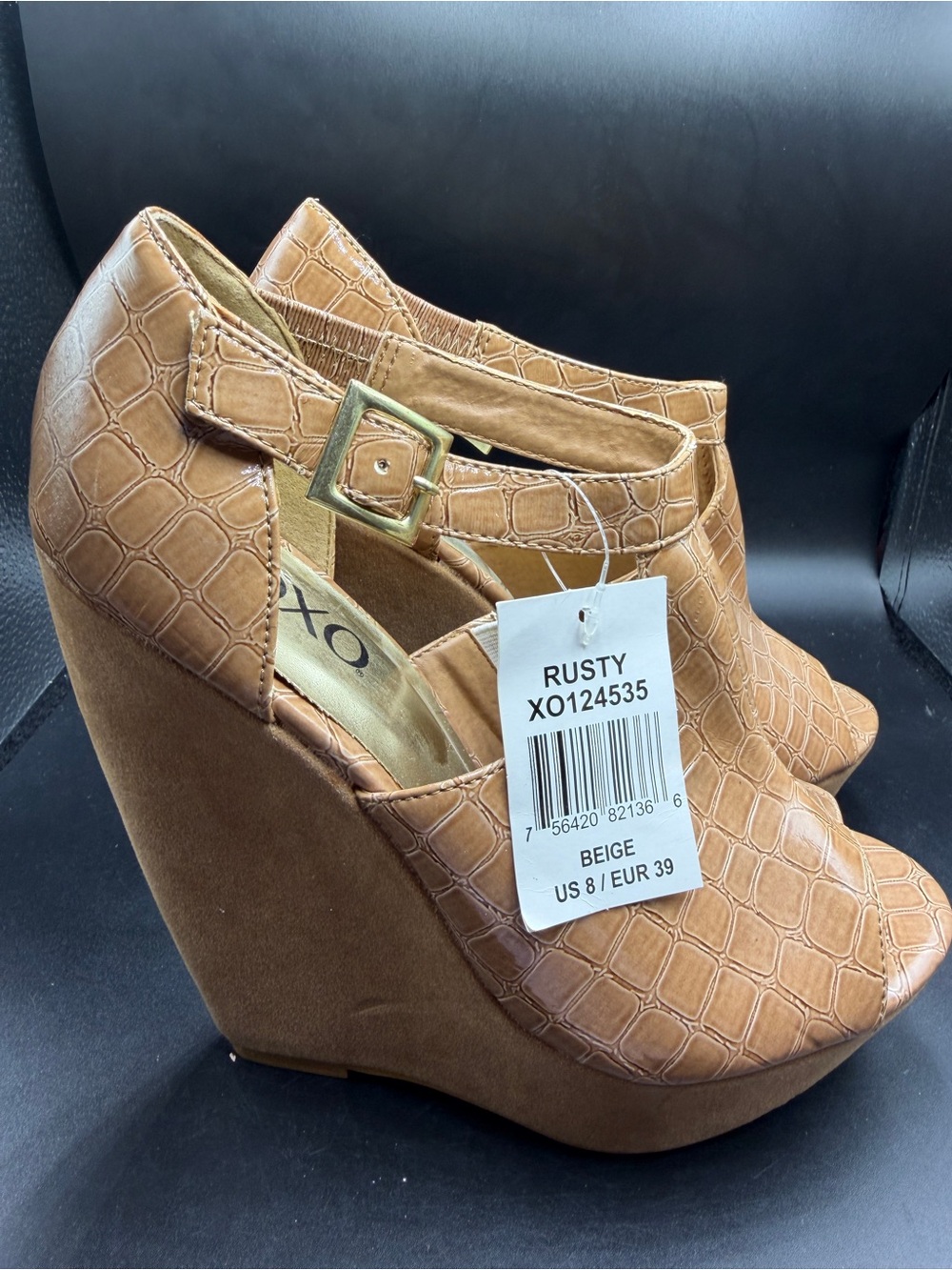 XOXO Rusty Beige Croc-Embossed Wedge Heels
